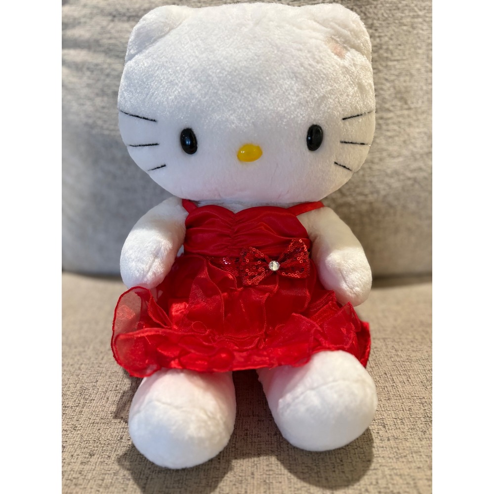 Build-A-Bear Hello Kitty Plush 18" White Cat Red Dress Sequin Bow Sanrio